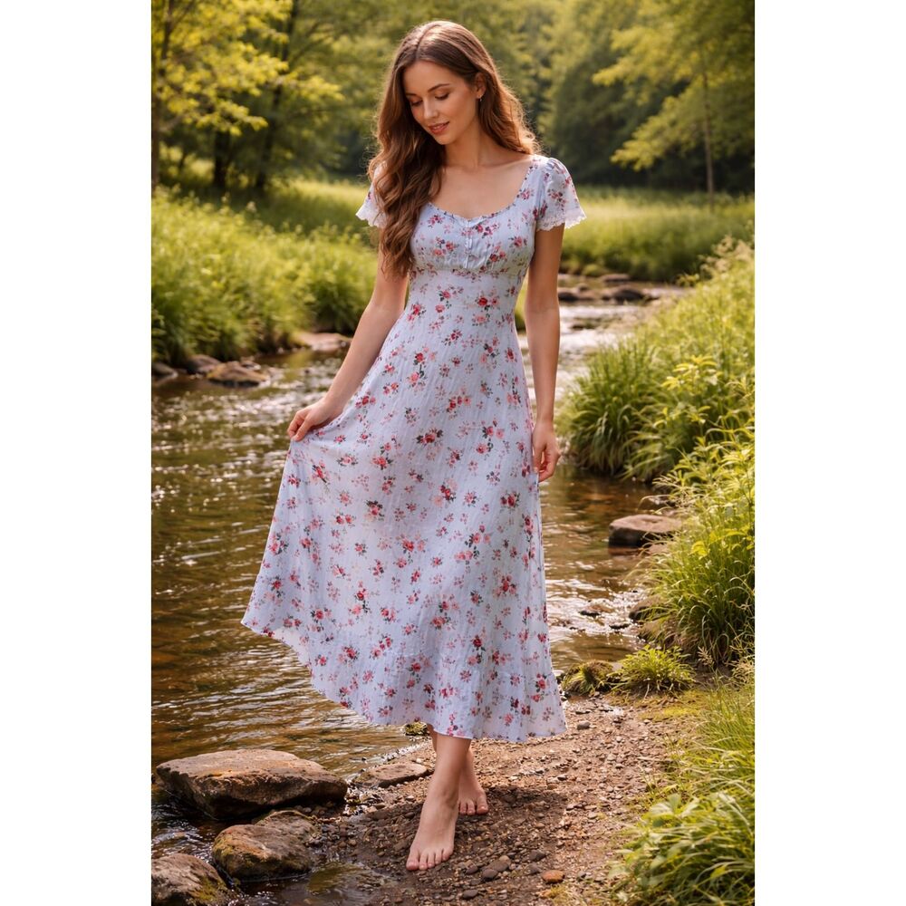 Wild Fable M Blue Floral Cottagecore Midi Dress Prairie Lace Sleeve Rayon NWT #9